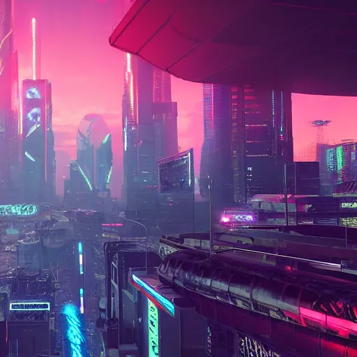 Prompt: « glowing neon lights, sunrise, cyberpunk, alita battle angel, blade runner,, cold, clouds, far view, photorealistic, unreal engine 5, sharp focus »