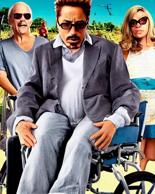 Prompt: movie poster for weekend at bernie's 3, pregnant robert downey jr in a wheelchair with dark sunglasses, pregnant robert downey jr. in a wheelchair pallid grey facial flesh, cinematic lighting, rigor mortis pregnant comedy corpse in a wheelchair, comedy movie poster for pregnant robert downey starring in weekend at bernie's, bernie