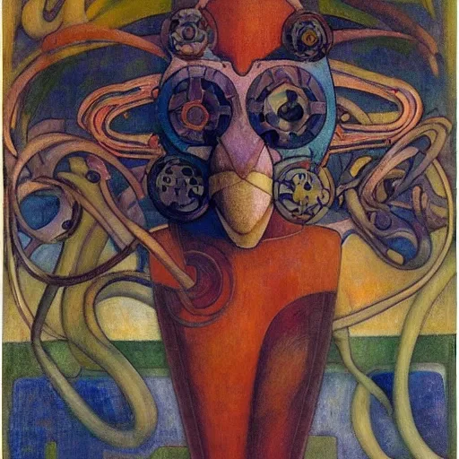 Image similar to the mechanical robot in her floral mask, by annie swynnerton and diego rivera, and nicholas roerich and jean delville, symbolist, dramatic lighting, elaborate geometric ornament, art brut, soft cool colors, smooth, sharp focus, extremely detailed, adolf wolfli