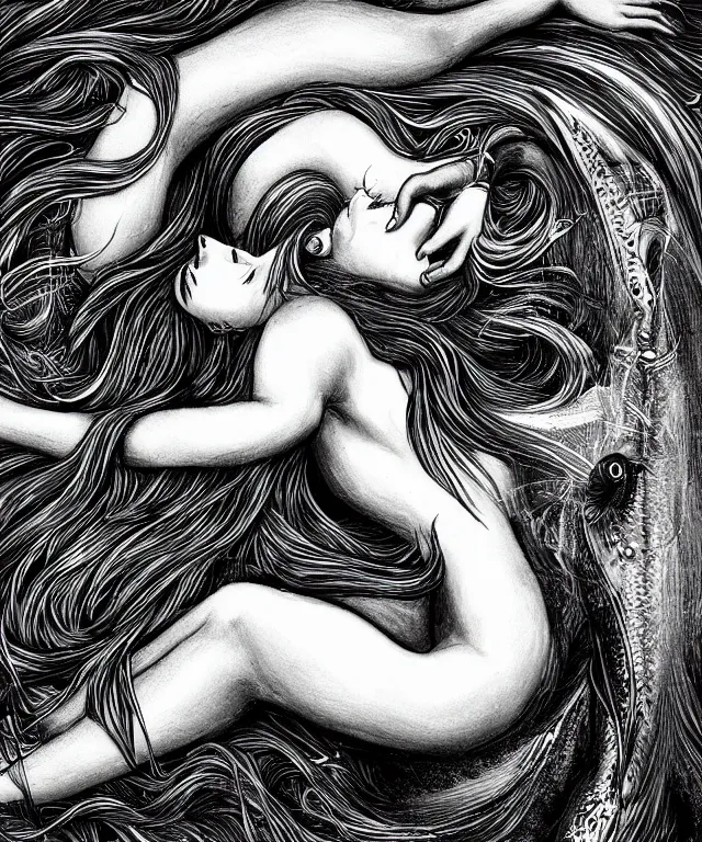 Prompt: black and white illustration, creative design, dark fantasy, fine art, beautiful mermaid, full body, swimming in ocean, fish tail bikini top flowing hair