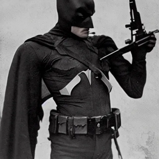 Prompt: old wartime photograph of batman holding a lewis gun, 1 9 1 7