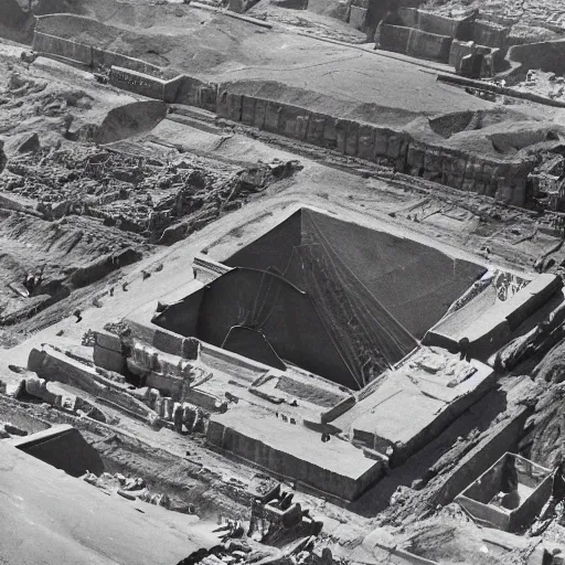 Image similar to an aerial photograph of future prospective site for a pyramid at giza with the early stages of construction and heavy scaffolding clearly visible, dslr