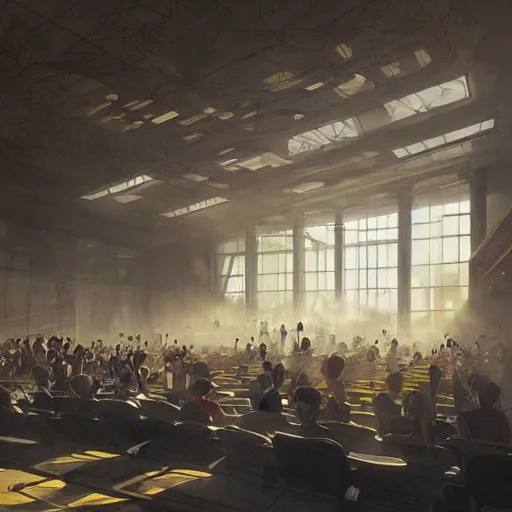 Image similar to concept art of the auditorium of a singaporean school, it is evening and light slants in through the windows, art by greg rutkowski