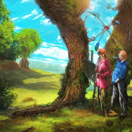 Prompt: three cartographers resting under a massive tree, measurement tools, high fantasy, vivid colors, digital illustration, wide sky, sharp focus, highly detailed, studio quality