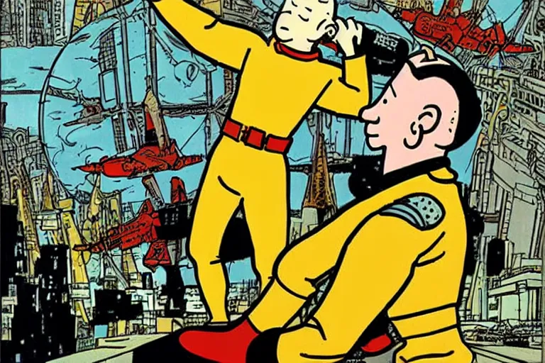 Prompt: portrait of TinTin! sci-fi, cyberpunk, art by Hergé!!