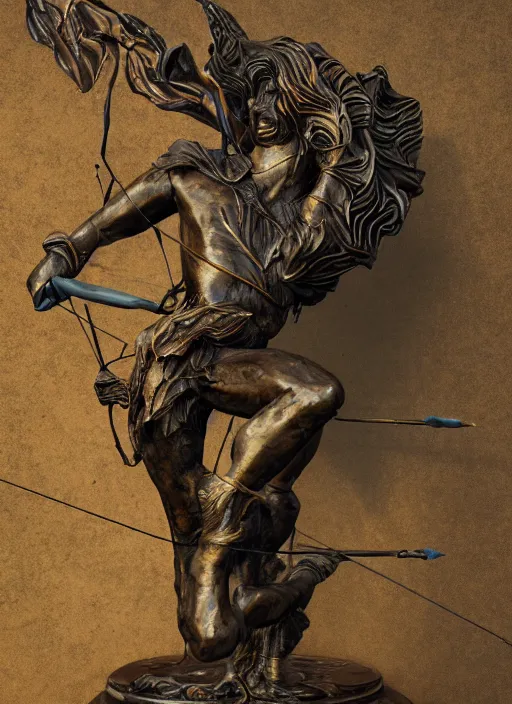 Image similar to An epic fantastic realism comic book style painting of a distressed bronze archery sculpture from the future by Stanislaw Szukalski, beautiful colorful flowers rain down, gilded marbled paper background, winged archer, fisheye lens, unreal 5, DAZ, hyperrealistic, octane render, dynamic lighting