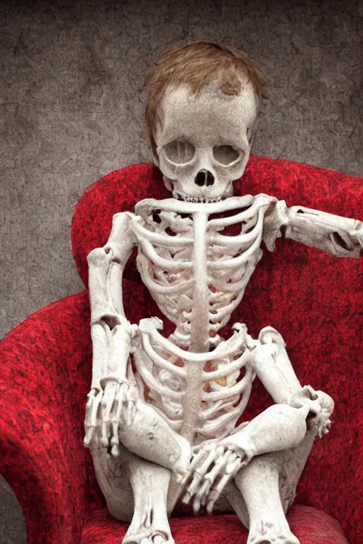 Image similar to photorealistic front view sad pale victorian ai child sitting on a red sofa made of human bones in a surreal landscape, depth of field, intricate, highly detailed, high quality, realistic, sharp focus, soft glow