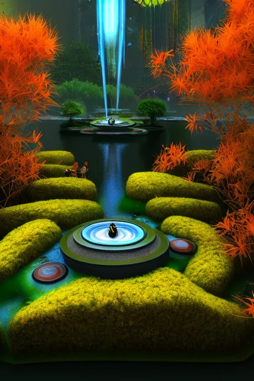 Prompt: futuristic garden glowing in autumn, marble fountains, small waterfalls, ecosystem, robotic bumblebees, 1 9 8 0 s science fiction, 1 9 7 0 s science fiction, alien 1 9 7 9, cyberpunk, 3 d oil painting, depth perception, 4 k, artstation