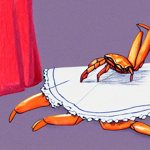 Prompt: crab holding a napkin in its claw, a nightgown and slippers lying on the ground next to it, digital art