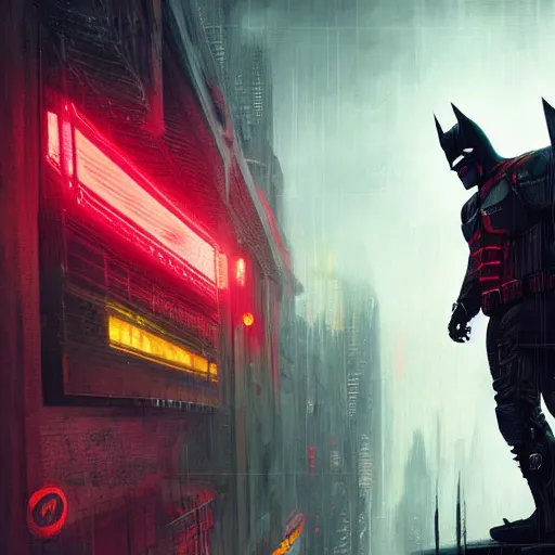 Image similar to cyberpunk batman with fullface mask, red bat logo, full shot, moody, futuristic, city background, brush strokes, oil painting, greg rutkowski