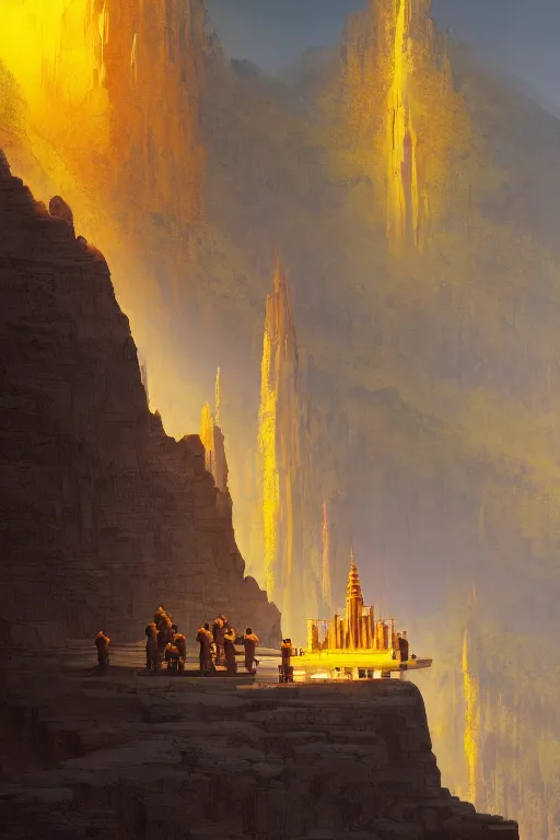 Image similar to ancient indian temple glowing yellow in canyon, monks standing around golden statue, light streaks in the sky, floating planets and moons, dramatic lighting, artstation, matte painting, ralph mcquarrie, simon stalenhag