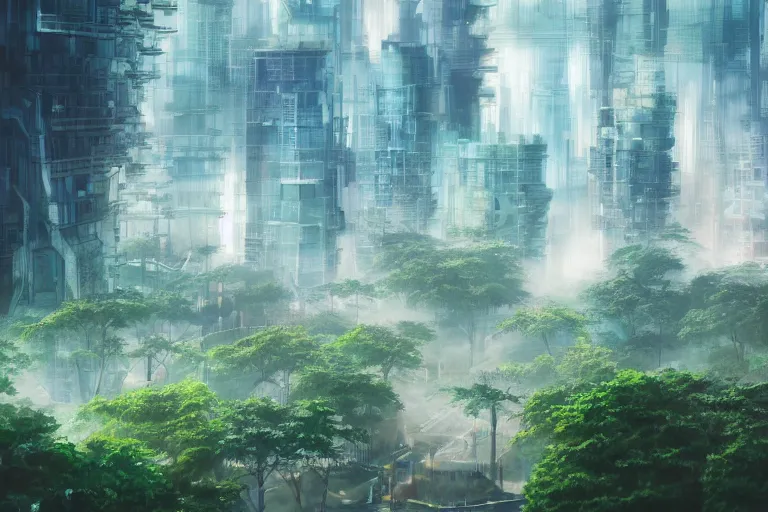 Image similar to futuristic city, lush vegetation, humid, early evening, diagonal view, geometric buildings, cloudy, beautiful, dull pastel colors, realistic, foggy, dreamy, nostalgic, bright, studio ghibli style