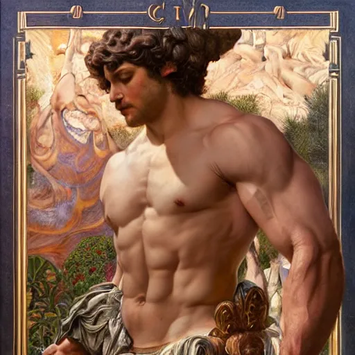 Prompt: greek gods, muscular, elegant, high resolution, art by ernst haeckel, john william godward, gustav klimt greg rutkowski, craig mullins, ruan jia, raymond swanland, tom lovell