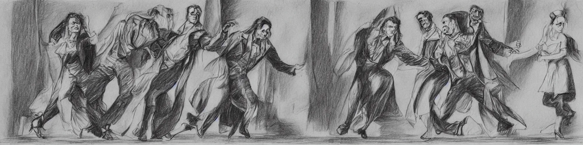Image similar to frankenstein and his bride doing the silly walk in the ministry of silly walks, motion study, pencil drawing, very detailed, very silly