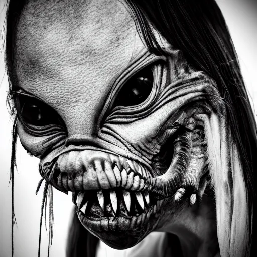 Image similar to artistic photoshoot of a mothan hybrid, grotesque, body horror, mutant shaming, creepy, terrifying, 8 k hdr 8 0 mm wide angle portrait, high contrast black and white, insectoid n