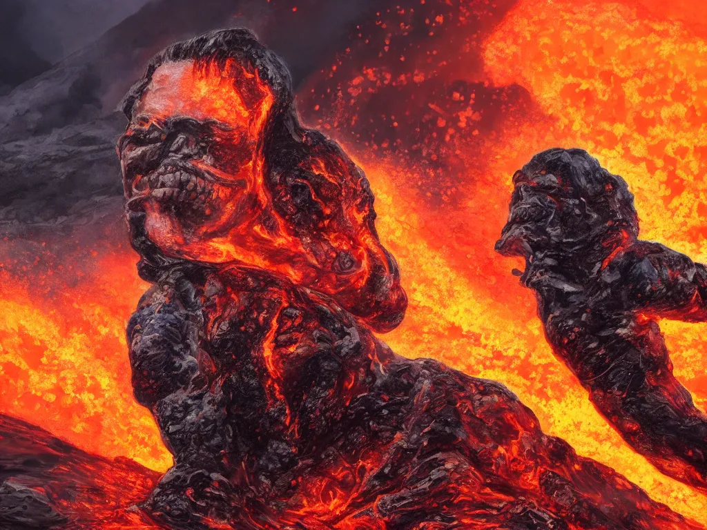 Image similar to detailed portrait of an arnold schwarzenegger surfing on lava, volcano eruption on the background, stunning scene, 8 k, digital painting, hyperrealism, vivid colors, trending on artstation