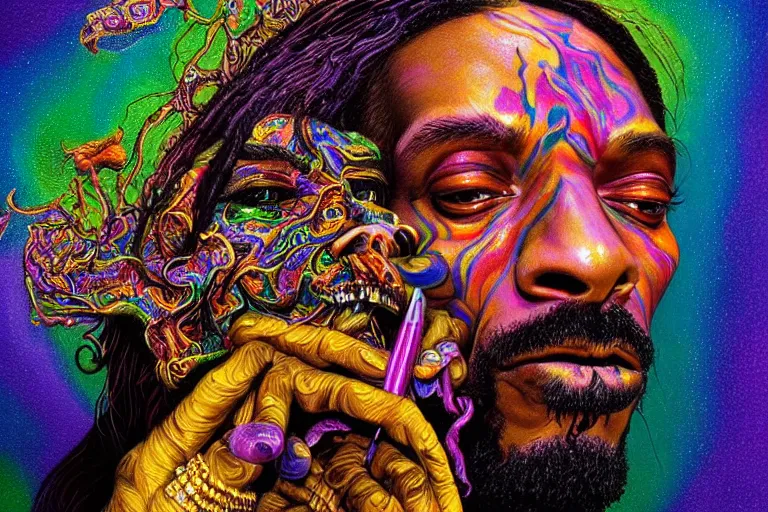 Prompt: An extremely psychedelic experience, colorful, surreal, dramatic lighting, snoop dogg smoking a (blunt), LSD, face, detailed, intricate, elegant, highly detailed, digital painting, artstation, concept art, smooth, sharp focus, hyper detailed golden ratio illustration, rich deep colors. masterpiec, Beksinski paintin, art by Sam Spratt, San Mumford, Artem Demura and Alphonse Mucha
