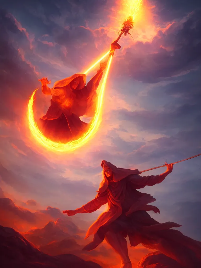 Image similar to levitating wizard wielding a spear opening a shining portal pulsating in the night sky, horizon of an erupting volcano, digital painting, cgsociety, artstation, highly detailed, cinematic lighting