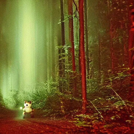 Image similar to midnight trail cam footage of a Sonic the Hedgehog in a dark forest, flash photo, grainy, motion blur