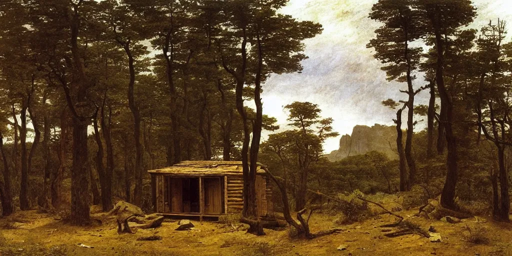 Image similar to An overgrown wood cabin in the middle of a desert, painting by Caspar David Friedrich, Caravaggio, highly detailed,