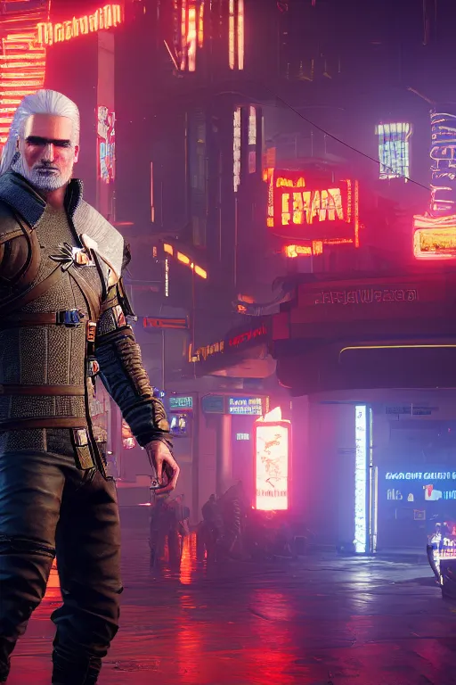 Image similar to geralt of rivia in cyberpunk 2 0 7 7, medium shot, background is filled with neon lights and futuristic vehicles, trending on artstation, ultra realistic, 4 k