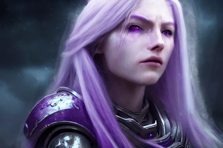 Image similar to an ultra realistic, cinematic, close up portrait, of a pale woman in sci - fi armor with flowing purple hair,, sylvanas windrunner, soft light, dreamy, facial features, standing in a space ship wreck, detailed, deep focus, movie still, dramatic lighting, ray tracing, by michal karcz and yoshitaka and david cronenberg