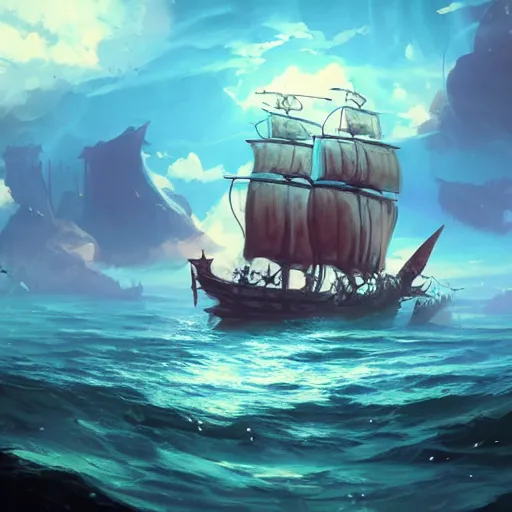 Image similar to a large pirate ship floating on top of a body of water, pirates flag, cgsociety, fantasy art, 2 d game art, concept art, heavenly lighting, retrowave, behance hd, concept art by jesper ejsing, by rhads, makoto shinkai cyril rolando, madgwick, cory loftis, sylvain sarrailh