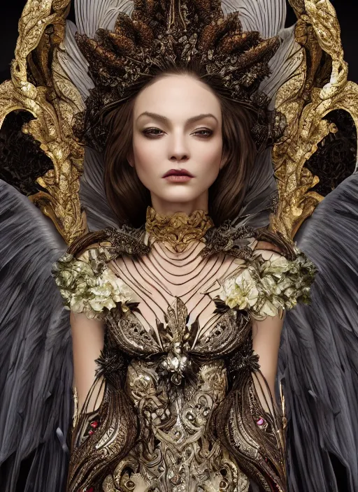 Image similar to expressive full body photo of an angel, ornate headpiece made from flowers, ornaments, glamour shot, by karol bak, photorealistic, canon r 3, fashion photography, hyper maximalist, elegant, ornate, luxury, elite, environmental portrait, symmetrical features, octane render, unreal engine, solid dark grey background, dramatic lights