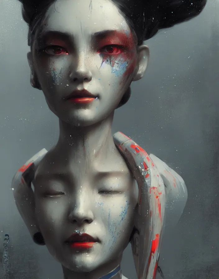 Image similar to portrait of a geisha robot by greg rutkowski and ruan jia, mecha, washed colors, dark, gloomy, matte painting, unreal engine 5