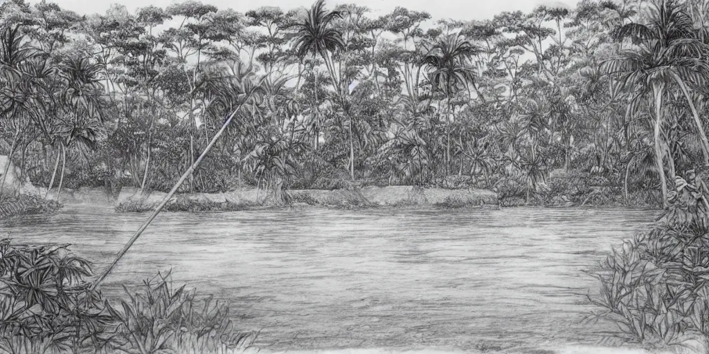 Image similar to sri lankan river in a jungle, drawn by hayao miyazaki