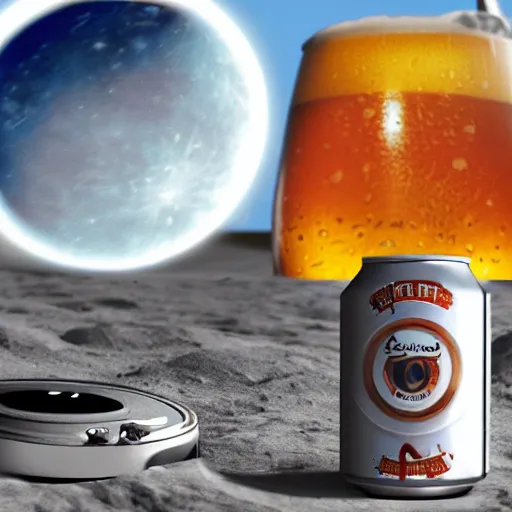 Prompt: photo of a detailed realistic idle electric guitar and a detailed realistic idle beer can next to one another on the moon surface. realistic. detailed