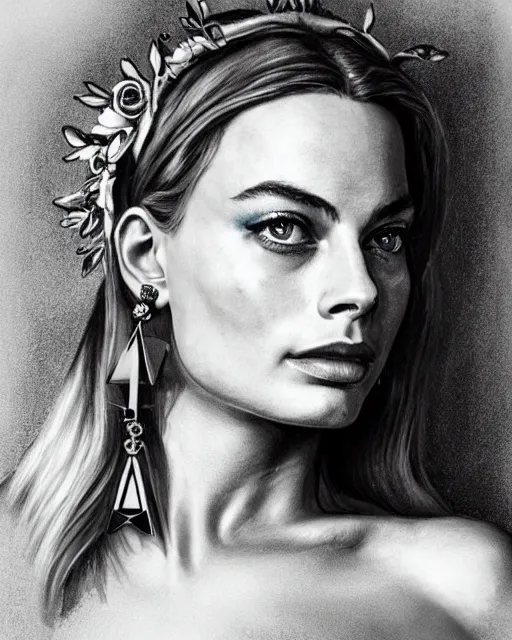 Image similar to realism tattoo sketch of margot robbie as a beautiful greek goddess aphrodite with piercing eyes wearing a laurel wreath and triangle earrings, in the style of greg rutkowski, amazing detail