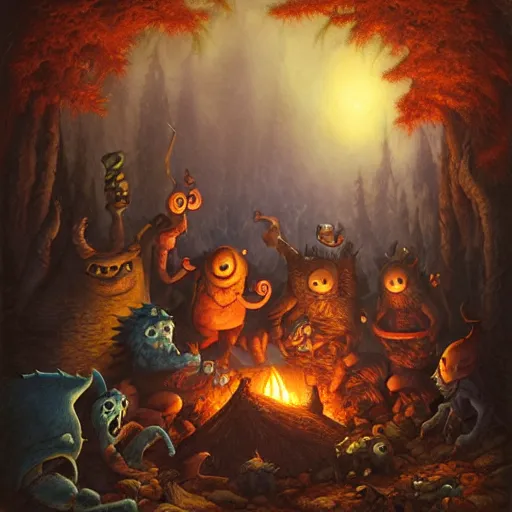 Prompt: monsters around a campfire by justin gerard, deviantart