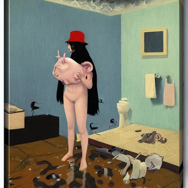 Image similar to tall female emo artist holding a pig in her flooded bathroom, water gushing from ceiling, painting of flood waters inside an artist's bathroom, a river flooding indoors, pomegranates, pigs, ikebana, zen, water, octopus, river, rapids, waterfall, black swans, canoe, berries, acrylic on canvas, surrealist, by magritte and monet