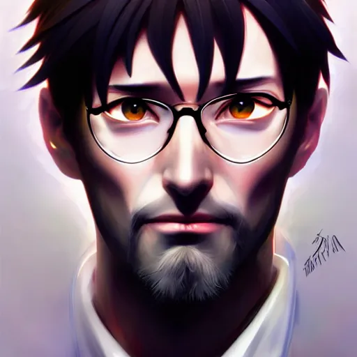 Image similar to portrait of gendo ikari evangelion, male, thin pursed lips, sharp jaw light black hair soft hair swept back short length hair, anime, fantasy, intricate, elegant, stern, highly detailed, digital painting, artstation sharp focus, hunterpedia madonna art by artgerm and ruan jia and ross tran