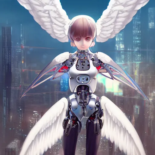 Image similar to cute cyborg - angel girl with large angelic wings standing on the edge of a rooftop overlooking a dystopian city, left eye gold and right eye silver, biomechanical details, bionic cyborg implants, digital cyberpunk - anime art, full body shot, wlop, ilya kuvshinov, artgerm, krenz cushart, greg rutkowski