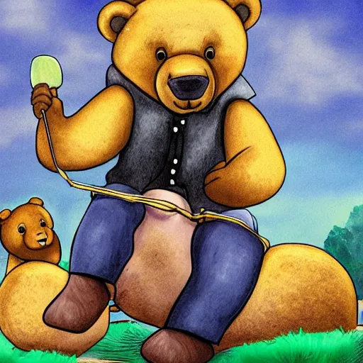 Image similar to jacob zuma riding a bear storybook style