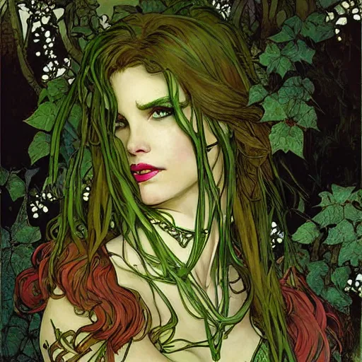 Prompt: a beautiful painting of poison ivy who just walked out of hot topic, dark eyeliner, intricate, elegant, highly detailed, digital painting, artstation, concept art, matte, sharp focus, illustration, art byby rebecca guay and by arthur rackham and by alphonse mucha and by john william waterhouse, comic book style!!