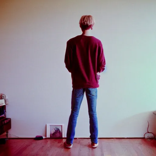 Prompt: kodak portra 4 0 0 photograph of a skinny blonde guy standing in cluttered 9 0 s bedroom, back view, moody lighting, telephoto, 9 0 s vibe, blurry background, vaporwave colors, golden ratio, faded!,