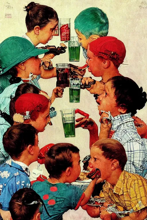 Prompt: colorful birds drinking cola by norman rockwell