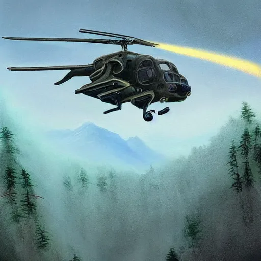 Prompt: a beautiful painting about a futuristic military helicopter landing in a misty rainforest, surrounded by mountains and snow. Featured on Artstation. angelic fluffy alien rivulet cylinder civet photon melon curd, by Evard