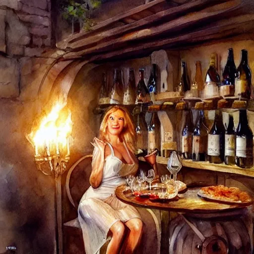 Image similar to hot blonde in tight dress in a wine cellar, food, pork, beer, schnapps, rustic, traditional, torches on the wall, watercolor by vladimir volegov, highly detailed, masterpiece