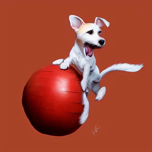 Image similar to adorable jack russel terrier jumping over a red exercise ball, fantasy art, artstation character design contest winner, trending on cgsociety, concept art, speedpaint, beautiful digital art, jesper ejsing, james jean, justin gerard, fenghua zhong, makoto shinkai, highly detailed