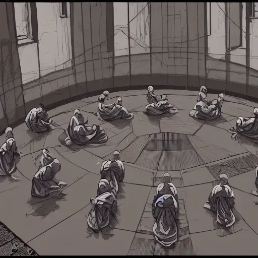 Prompt: hyper detailed, 5 monks kneeling in a circle, wires coming out of the back of their heads connecting them to a computer in the center, dark shadowy surroundings, dystopian scifi, horror