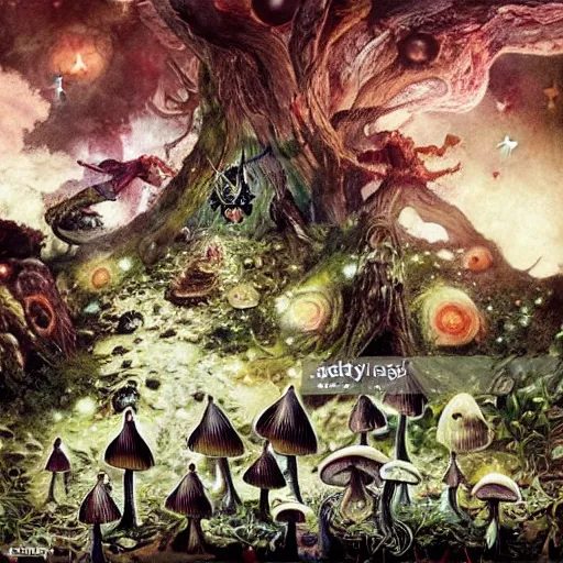 Image similar to stars in the sky fairies with detailed faces enchanted forest mushrooms on the ground psychedelic wide angle shot white background vector art illustration gears of war by frank frazetta