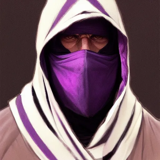 Image similar to ultra realistic illustration, man in a black hood, in a striped purple balaclava, mysterious, highly detailed, digital painting, artstation, concept art, smooth, sharp focus, illustration, art by artgerm and greg rutkowski and alphonse mucha