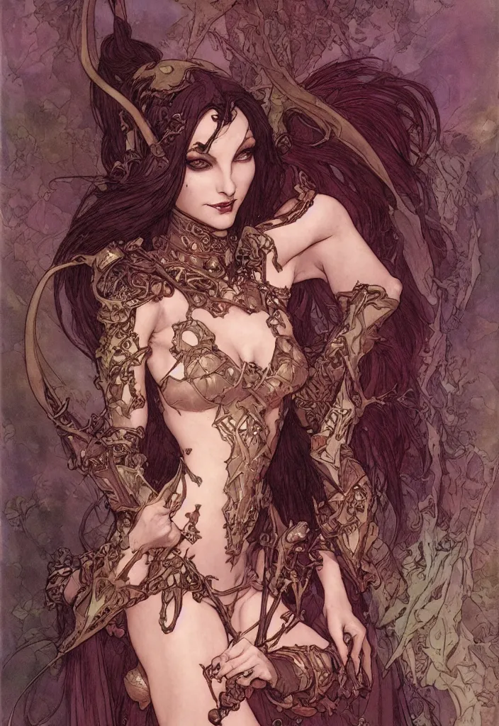 Image similar to drawing of a beautiful vampire woman, armor plates, by marc simonetti and brian froud and mike mignola and alfons maria mucha and peter mohrbacher, hyperdetailed