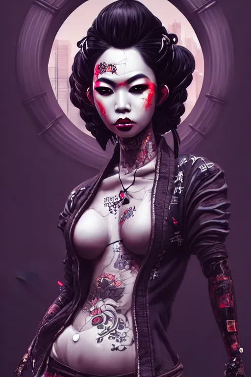 Image similar to ebony asian geisha yakuza gothic cyborg, cyberpunk city, urban decay, decay, underworld, dark art, highly detailed, digital painting, octane render, artstation, concept art, smooth, sharp focus, illustration, art by artgerm, loish, wlop