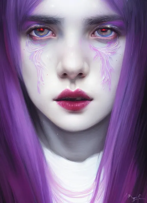 Image similar to portrait of teenage girl with white bangs, red irises, bangs, black and white hair, purple clothes, white bangs, two color hair, black hair and white bangs, intricate, elegant, glowing lights, highly detailed, digital painting, artstation, concept art, smooth, sharp focus, illustration, art by wlop, mars ravelo and greg rutkowski