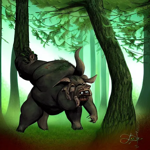 Image similar to An orc in a forest throwing a boar, digital art